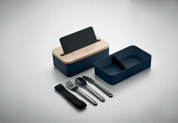 Donkerblauwe bento lunchbox met bamboe deksel en bestek