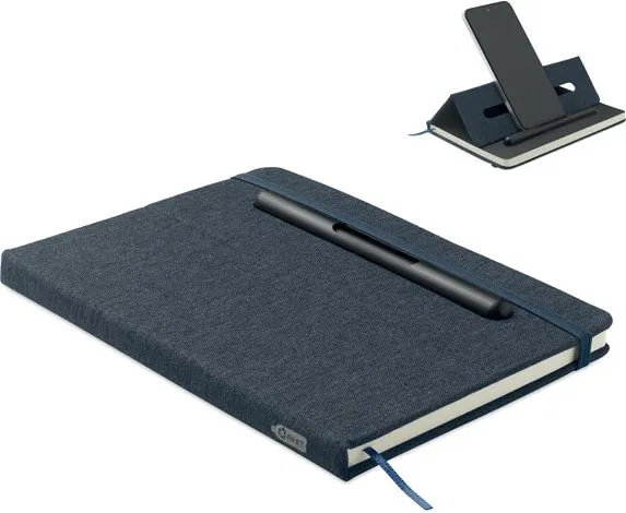 Blauw notitieboek met geintegreerde telefoonhouder en pen